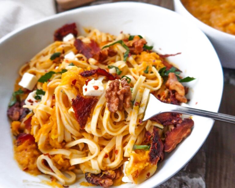 Spicy Pumpkin Pasta with Crispy Cayenne Bacon & Feta