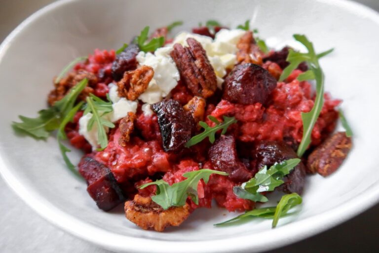 Beetroot Risotto With Spiced Nuts & Feta