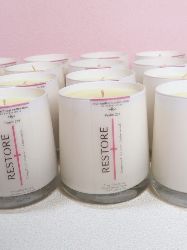 Restore is a bible verse inspired coco-beeswax candle with grapefruit, vetiver, cedarwood essential oils 01