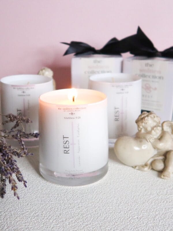 Rest is a bible verse inspired coco-beeswax candle with lavender, eucalyptus and peppermint essential oils 01