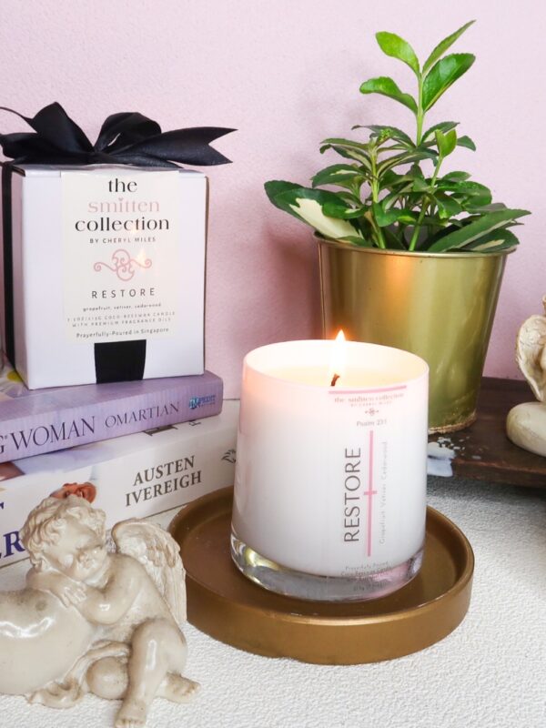 Restore is a bible verse inspired coco-beeswax candle with grapefruit, vetiver, cedarwood essential oils 06